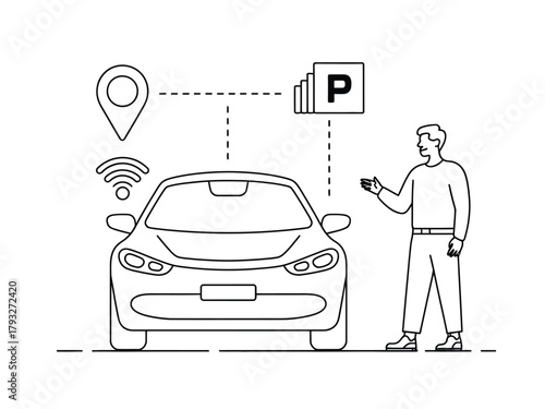 A person uses a smartphone to interact with a smart car and find parking.