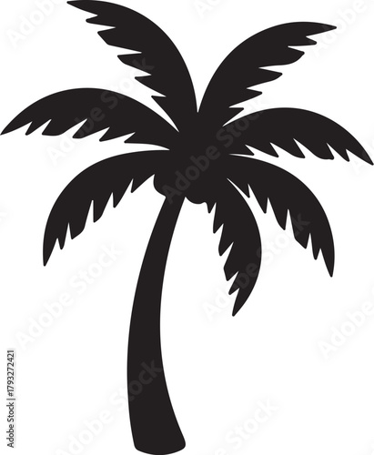Black Silhouette of a Palm Tree with Fronds and Trunk tropical vacation on transparent background