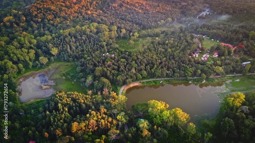 Aerial landscape of the lush green BR Hills near Bangalore, featuring dense forests, rolling hills, and serene water bodies.