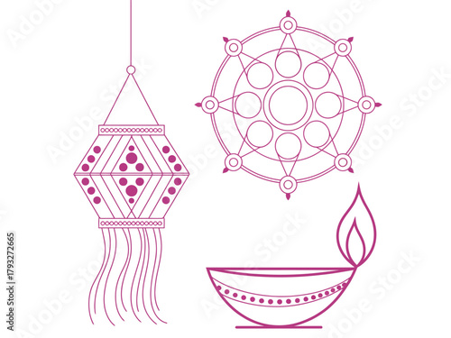 A decorative lantern, a Dharma wheel, and a diya lamp are depicted in purple outline.