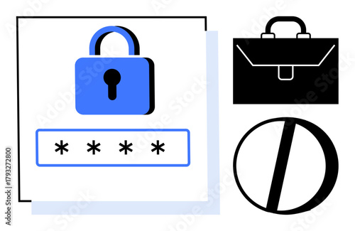 Closed padlock, password entry field, crossed circle sign, and briefcase symbolizing data security, restricted access, and safety protocols. Ideal for cybersecurity, privacy, authentication