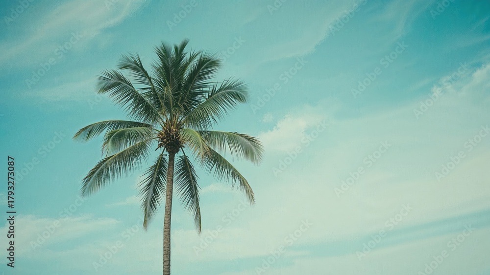 Fototapeta premium A solitary palm tree against a sky with clouds.