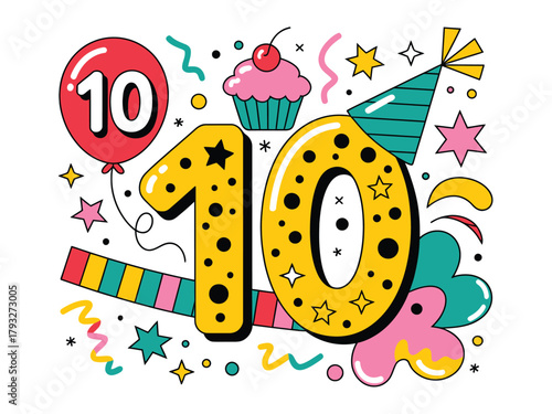 A colorful illustration celebrates the number ten with balloons, cupcakes, and confetti.