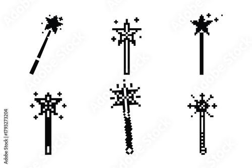 Pixel Magic Wand Icon Pack – Retro Fantasy Wands, Star-Tipped Spells & 8-Bit Enchantment Designs in Black on White