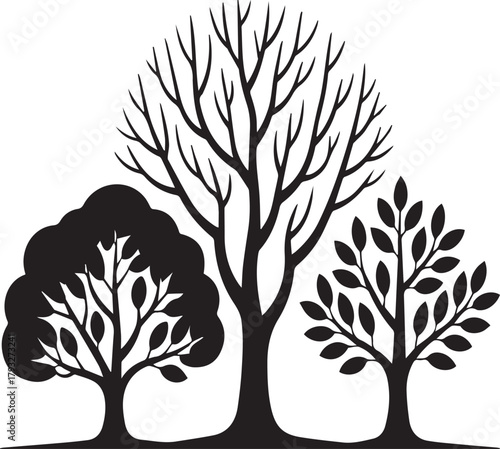 Three black silhouette trees with varied foliage and branches white nature