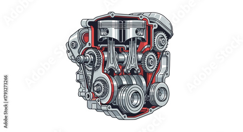 Detailed Illustration of a Four-Cylinder Internal Combustion Engine.