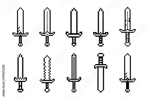 Pixel Sword Icon Pack – Retro Blade Designs, RPG Weapons & 8-Bit Armory in Black on White