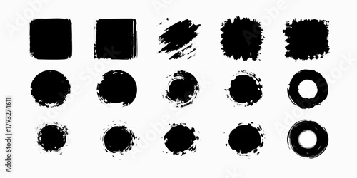 Collection of diverse black ink brush stroke shapes and grunge textures on white background