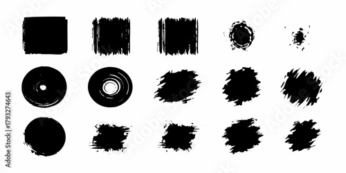 Collection of black grunge brush stroke shapes and textures on white background
