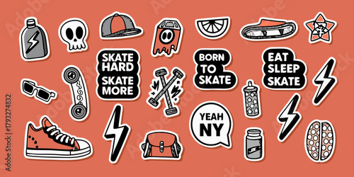 Collection of hand drawn skateboarder lifestyle stickers and icons on a coral background
