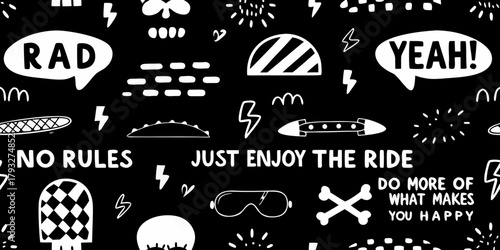 Black and white doodle art pattern with inspirational quotes and fun graphics for youth culture