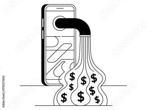 Money flows out of a smartphone through a black pipe and forms dollar signs.