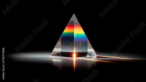 A crystal prism dispersing light into a spectrum of colors on a black background, showcasing the physics of refraction and the beauty of light dispersion