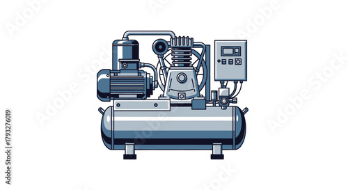 Illustration of an Industrial Air Compressor Machine on White.