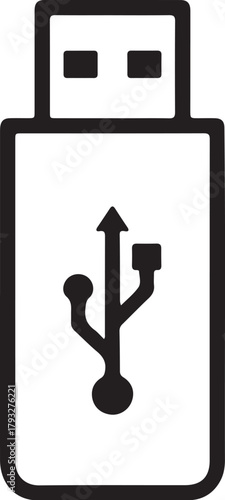 Black and white outline icon of aUSB flash drive with aUSB symbol storage memory on transparent background