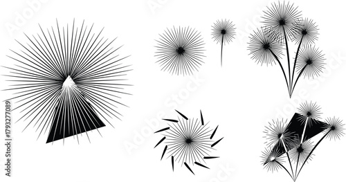 Abstract starburst vector collection with radial bursts, geometric spiky shapes, modern decorative line patterns, dynamic elements