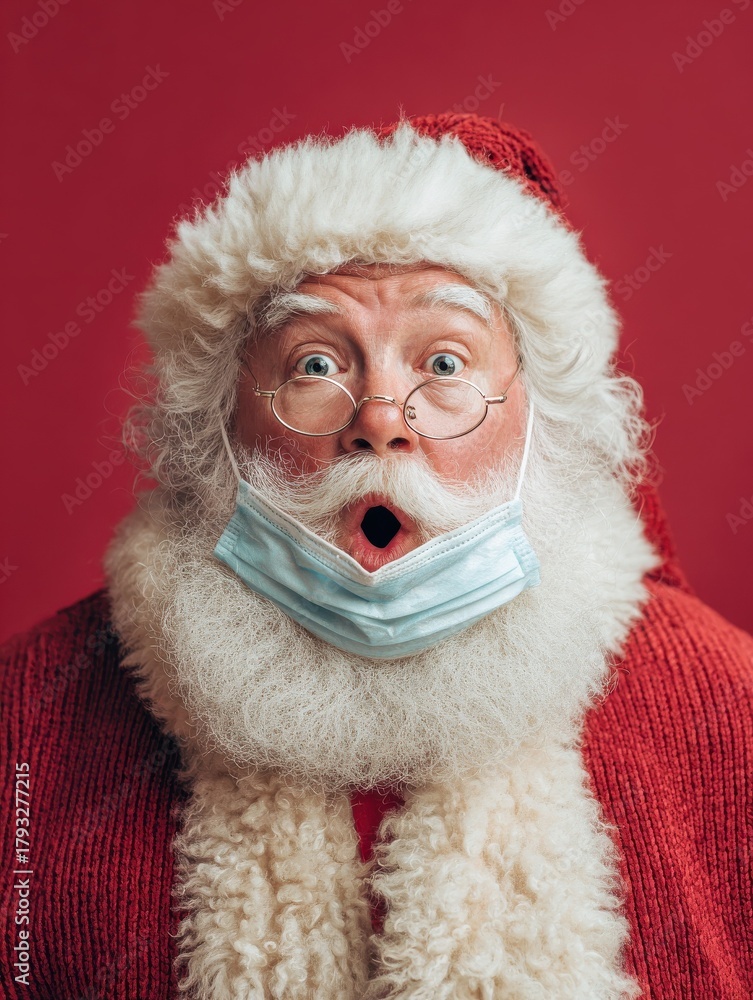 Naklejka premium close up portrait of funny old bearded surprised santa claus wearing costume glasses face mask looking at camera standing on christmas red background covid 19 coronavirus safety protection concept no