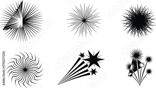 Abstract starburst vector set with radial bursts, geometric explosions, dynamic spiky shapes, modern decorative graphic elements