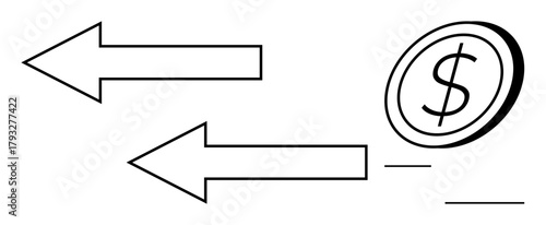 Two black arrows and a dollar coin outline signifying financial exchange, transactions, or monetary flow. Ideal for economics, finance, investment, banking, trade negotiation savings. Simple flat
