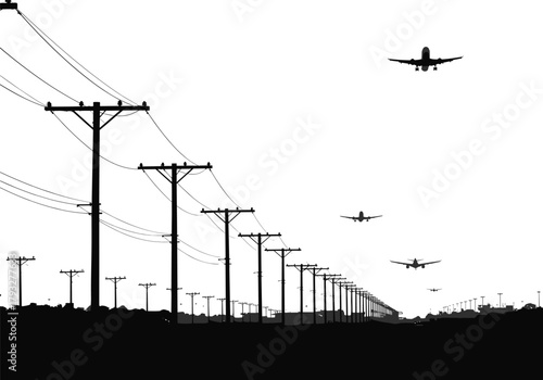 Silhouette of long row utility poles with power lines and multiple airplanes landing, airport approach path scene, transportation landscape illustration