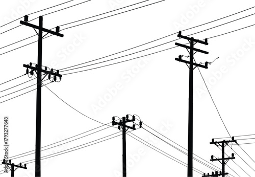 Silhouette of multiple utility poles with power lines, electrical cables, overhead wires, detailed distribution poles, rural energy infrastructure illustration