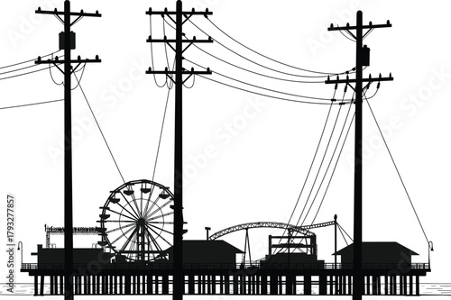 Utility pole silhouette scene with power lines, amusement park pier, ferris wheel, roller coaster, coastal infrastructure