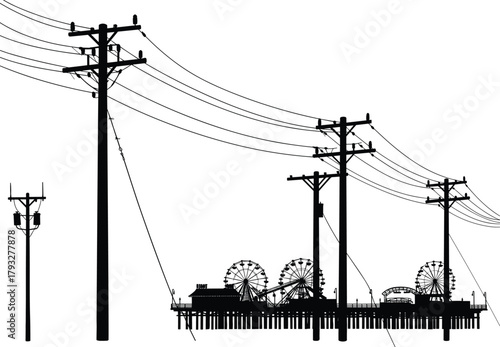 Utility pole silhouette scene with power lines, coastal amusement park pier, ferris wheels, roller coaster, waterfront structures