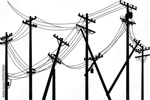 Utility pole silhouette set with leaning poles, power lines, electrical cables, transformers, overhead wiring, energy infrastructure