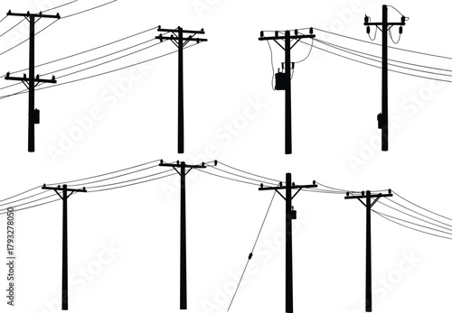 Utility pole silhouette set with power lines, electrical cables, transformers, overhead wiring, urban and rural infrastructure