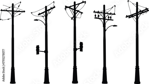 Utility pole silhouette set with power lines, streetlights, traffic signals, electrical cables, urban infrastructure elements