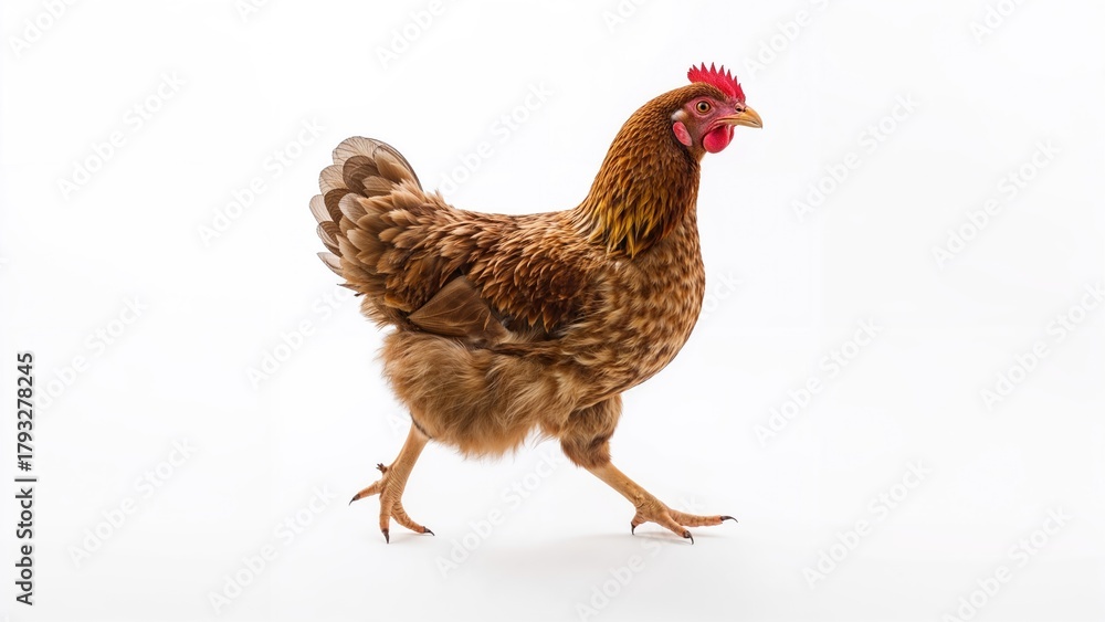 Fototapeta premium Brown chicken with a red comb walking against a plain white background.