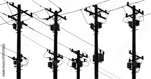 Utility pole vector set with transformers, power distribution lines, electrical equipment, overhead cables, urban energy infrastructure silhouettes