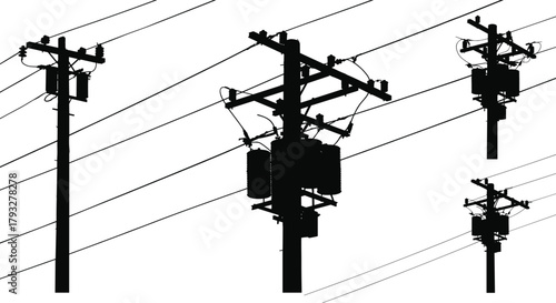 Utility pole vector set with transformers, power lines, electrical equipment, overhead cables, urban energy infrastructure silhouettes