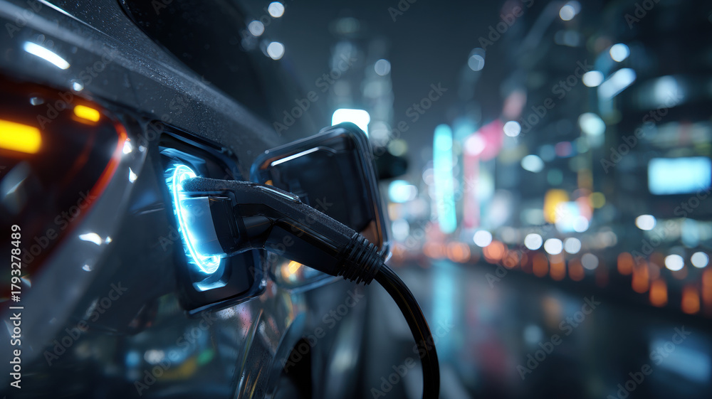 Obraz premium Close Up Hand Plugging Charging Cable Into Electric Vehicle At Night City Bokeh Lights Background