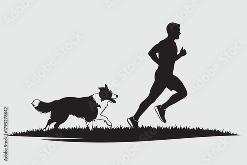 Man jogging with Border collie  dog silhouette vector Art and Illustration
