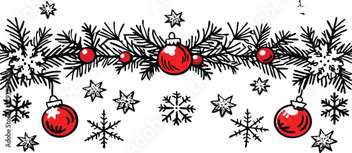 Festive holiday garland with red baubles and snowflakes creates a charming winter wonderland for joyful celebrations and seasonal designs