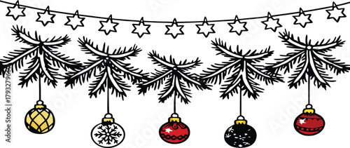 Festive holiday garland with twinkling star lights and classic ornaments creating a joyful, celebratory atmosphere perfect for winter celebrations and seasonal decor projects