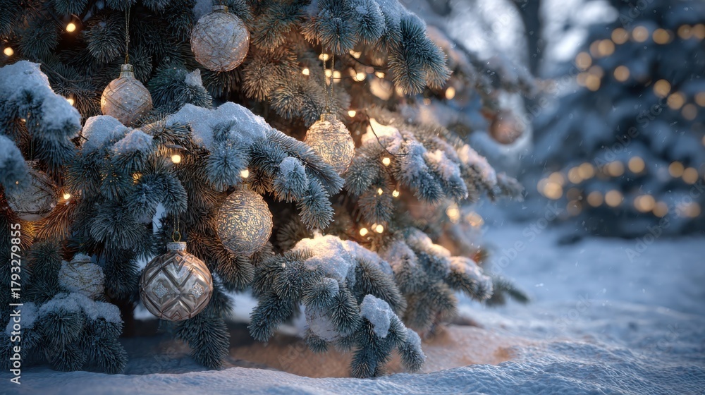 Fototapeta premium close up of a snow covered christmas tree with warm lights and ornaments in a winter forest