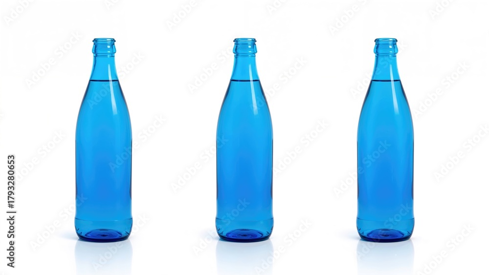 Naklejka premium Three blue glass bottles lined up against a white background.