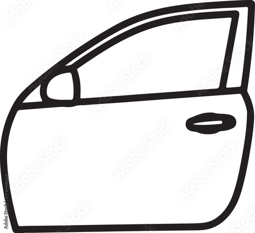 Black and white outline drawing of a car door with window and handle automobile vehicle on transparent background