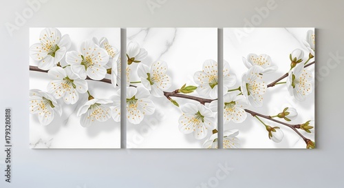 Fototapeta Naklejka Na Ścianę i Meble -  Elegant triptych wall art featuring delicate 3d sculpted white flowers on a textured gray background