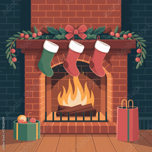 A festive fireplace decorated for Christmas, with stockings hung and gifts nearby.