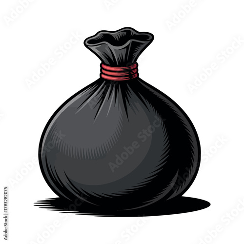 A black trash bag is tied with a red string, symbolizing waste and disposal.