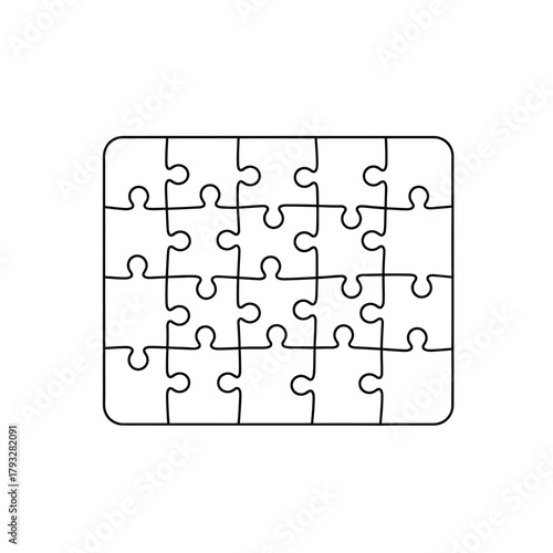 Outline drawing of a fully assembled rectangular jigsaw puzzle with twenty interlocking pieces, symbolizing problem-solving, teamwork, completeness, integration, and finding the perfect solution.
