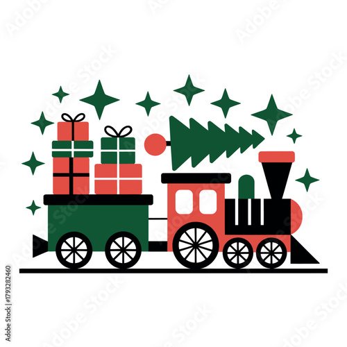 A festive Christmas train carries gifts and a decorated tree, symbolizing holiday cheer and delivery.