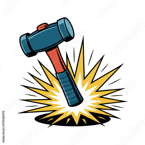 A heavy sledgehammer is about to strike, with an explosion of light and energy.