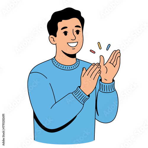 A happy man is clapping his hands to show his appreciation and approval.