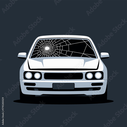 A car with a severely cracked windshield faces forward against a dark background.