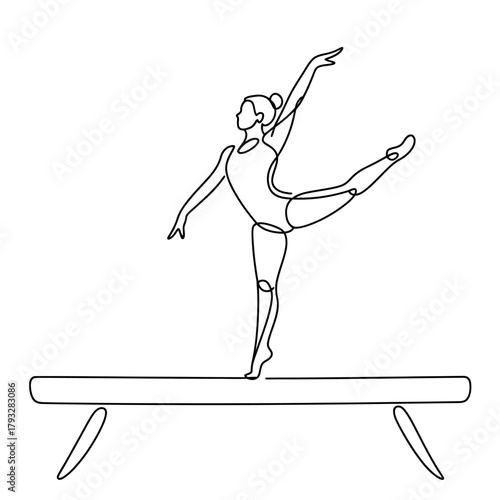 A graceful gymnast balances elegantly on a beam in a dynamic pose, showcasing skill and athleticism.