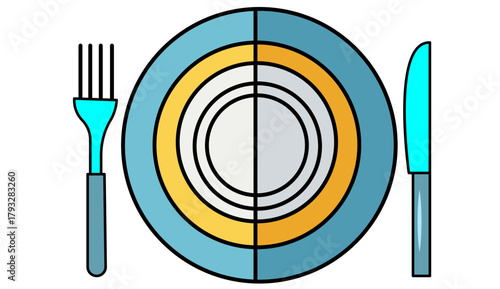 A minimalist illustration of a plate with a fork and knife on a black background representing dining and food